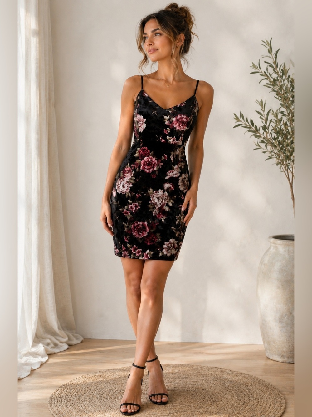 GUESS Floral Velvet Bodycon Dress M Y2K Black Pink Rose Spaghetti Strap